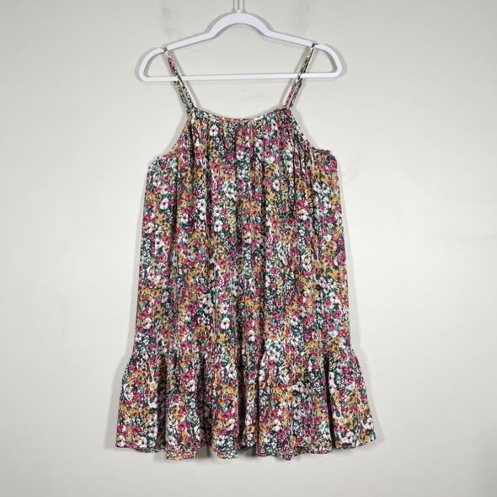 VOY Mini Dress Wms Small Pink Green Floral Strappy Ruffle Hem Boho Garden Flowy